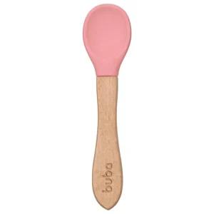 Colher Infantil de Silicone Rosa com Cabo de Bambu Buba