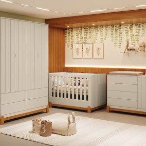 Quarto de Bebê Lotus Reller | Guarda-Roupa 4 Portas, Cômoda Sapateira e Berço – Areia Fosco