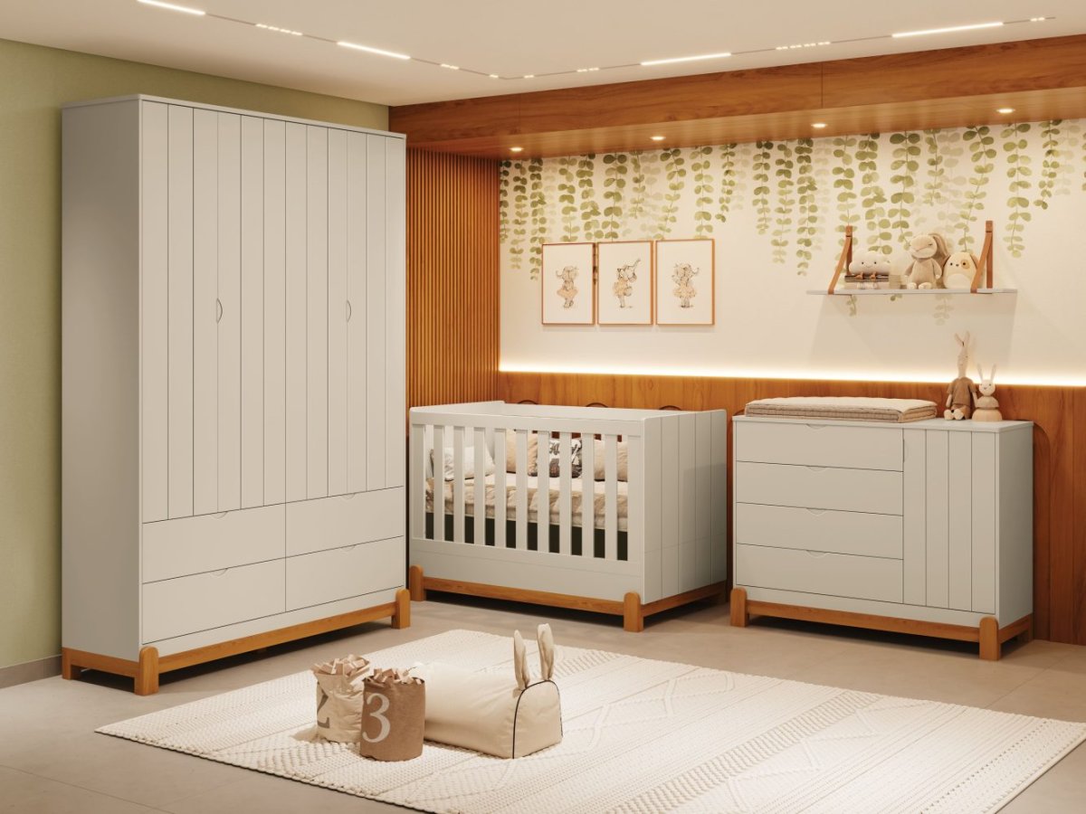 Quarto de Bebê Lotus Reller | Guarda-Roupa 4 Portas, Cômoda Sapateira e Berço – Areia Fosco
