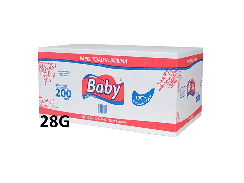 Papel Toalha Bobina BABY Auto corte 100% Celulose Virgem 6X200 – 28G