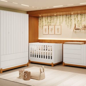 Quarto de Bebê Lotus Reller | Guarda-Roupa 4 Portas, Cômoda Sapateira e Berço – Branco Fosco