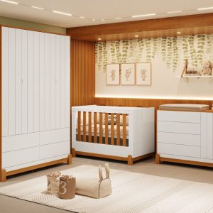 Quarto de Bebê Lotus Reller | Guarda-Roupa 4 Portas, Cômoda Sapateira e Berço- Branco com Savana