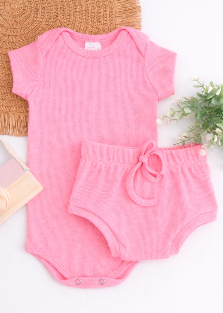 Conjunto Bebê Body e Tapa Fralda Canelado Liso – Rosa