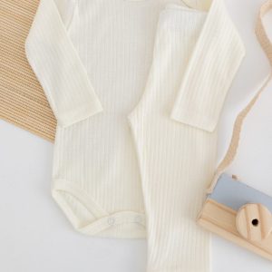 Conjunto Body Bebê Pagão Canelado Longo – Creme