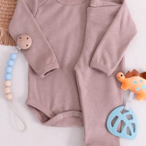 Conjunto Body Bebê Pagão Canelado Longo – Marrom