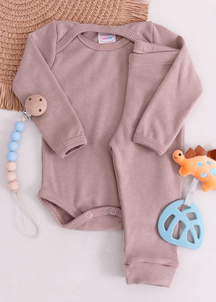 Conjunto Body Bebê Pagão Canelado Longo – Marrom - Image 2