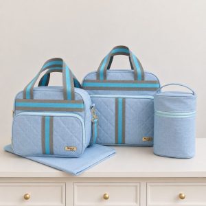 Kit Bolsa Maternidade Bebê 4 Peças – Azul Claro em Linho