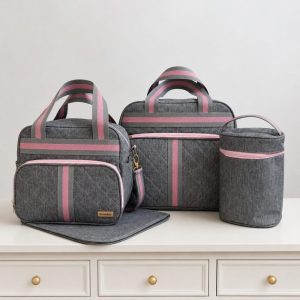 Kit Bolsa Maternidade Bebê 4 Peças – Cinza em Linho Menina