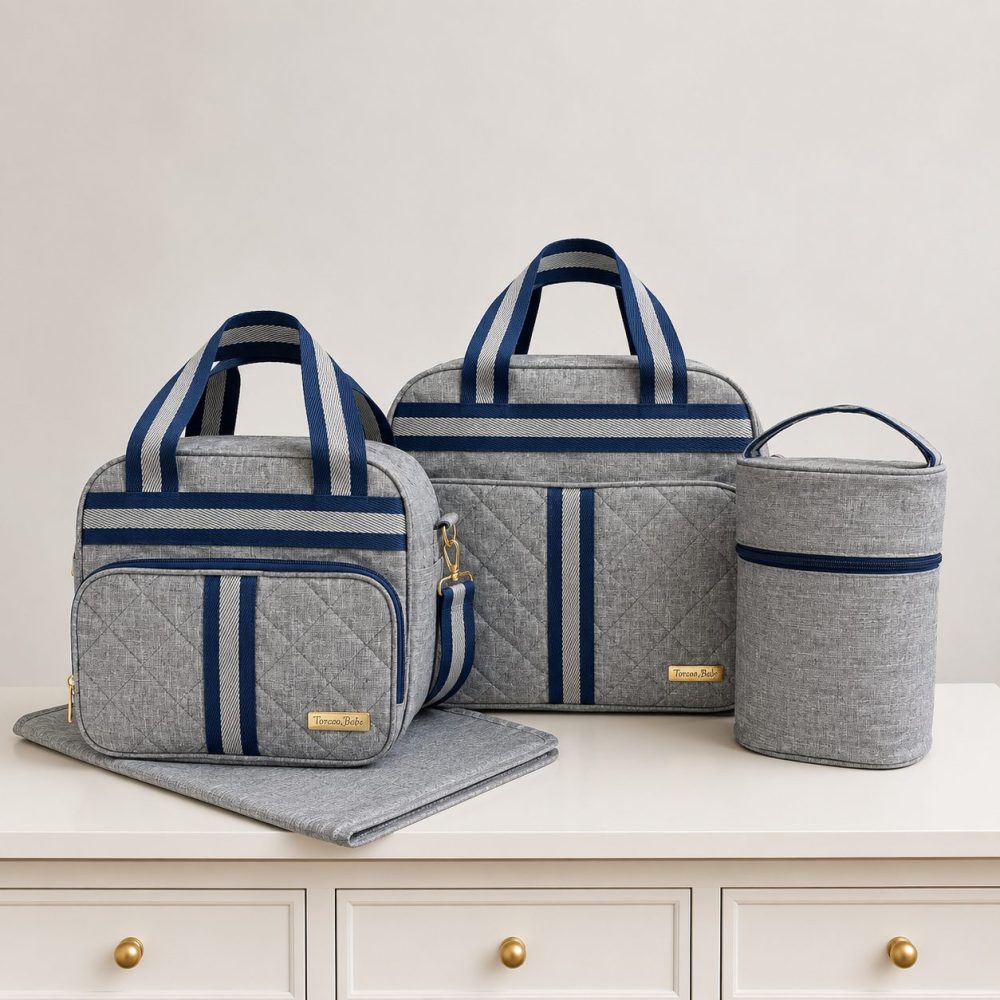 Kit Bolsa Maternidade Bebê 4 Peças – Cinza em Linho Menino - Image 2