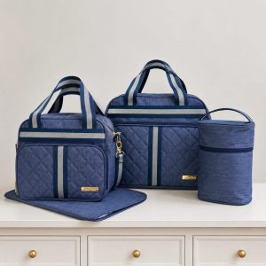 Kit Bolsa Maternidade Bebê 4 Peças – Marinho em Linho