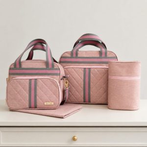 Kit Bolsa Maternidade Bebê 4 Peças – Rosa em Linho