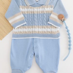 Macacão Bebê em Tricot e Suedine Azul Claro Com Bege