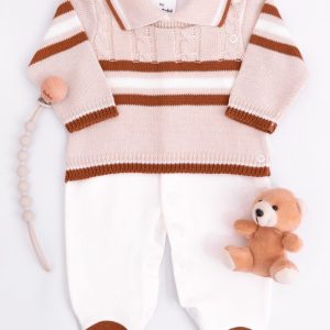 Macacão Bebê em Tricot e Suedine Caramelo com Bege
