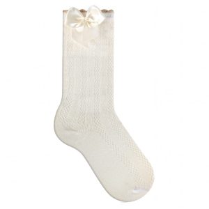 Meia Festa 3/4 Para Bebê Com Laço Cetin Off White