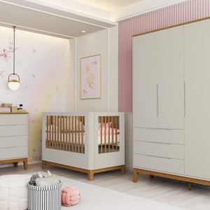 Quarto de Bebê Boom Slim Classic| Guarda-Roupa 3 Portas, Cômoda e Berço Reller – Areia Fosco Com Savana