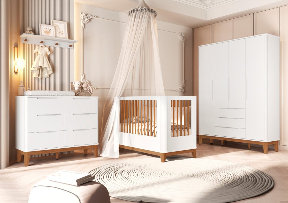 Quarto de Bebê Boom Slim Classic | Guarda-Roupa 4 Portas, Cômoda e Berço Reller – Branco Fosco