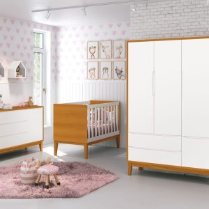Quarto de Bebê Classic Reller | Guarda-Roupa 3 Portas, Cômoda e Berço – Branco Fosco com Savana