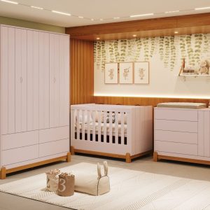 Quarto de Bebê Lotus Reller | Guarda-Roupa 4 Portas, Cômoda Sapateira e Berço – Rosa Fosco
