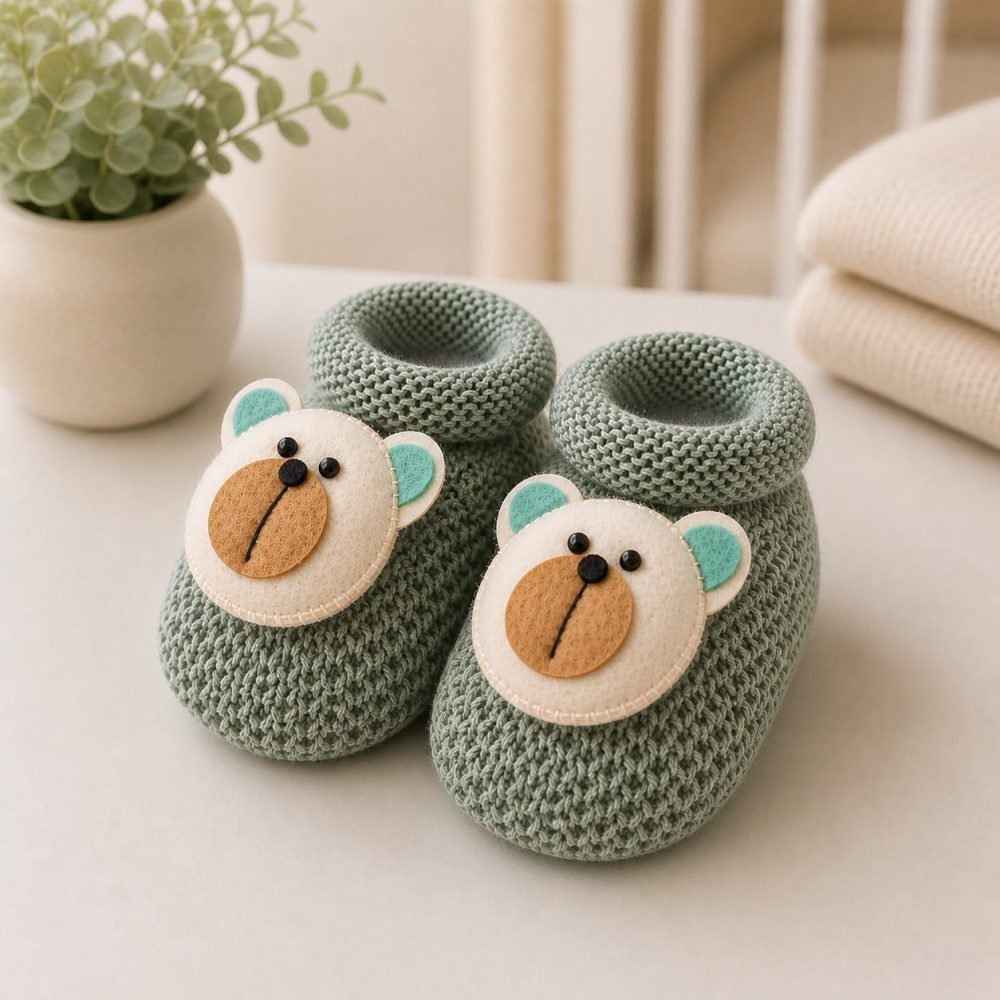 Sapatinho em Tricô Para Recém-Nascido – Urso Verde - Image 2