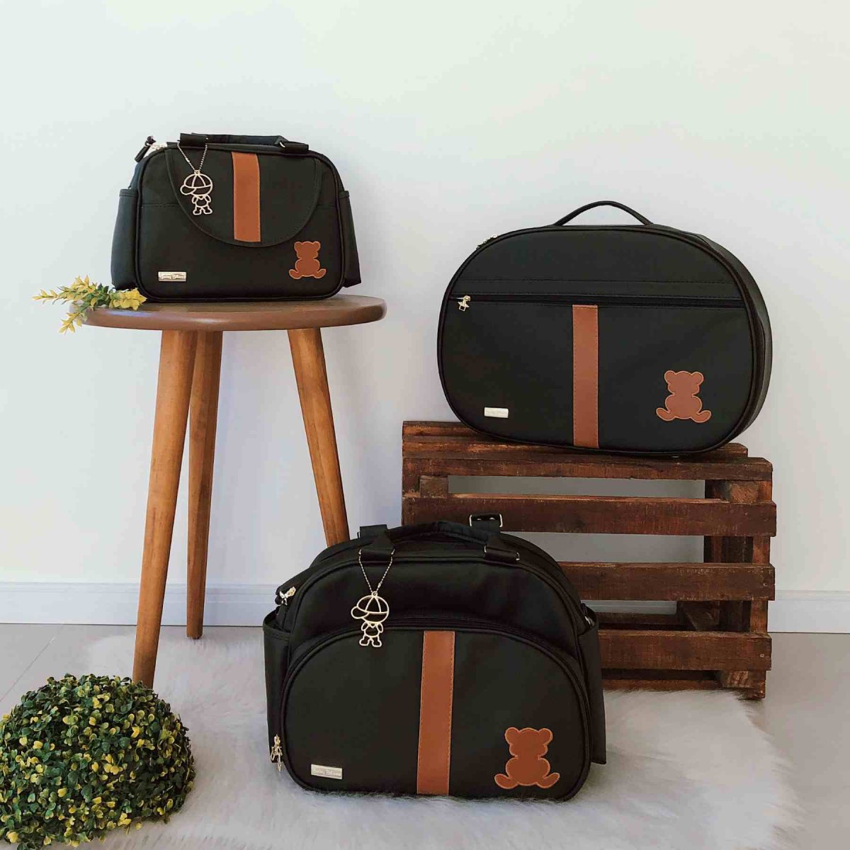 Kit Bolsa Luxo – 3 Peças Preto e Caramelo