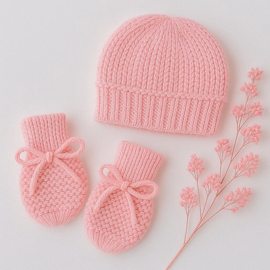 Kit Touca e Luva Tricô Bebê Recém-Nascido – Rosa