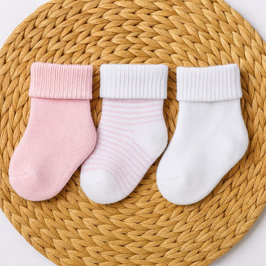 Kit 3 Meias Atoalhada Bebê Recém Nascido – Rosa Listrado