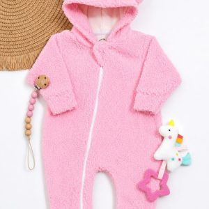 Macacão Bebê Peluciado Teddy Rosa com Touca de Orelhinha