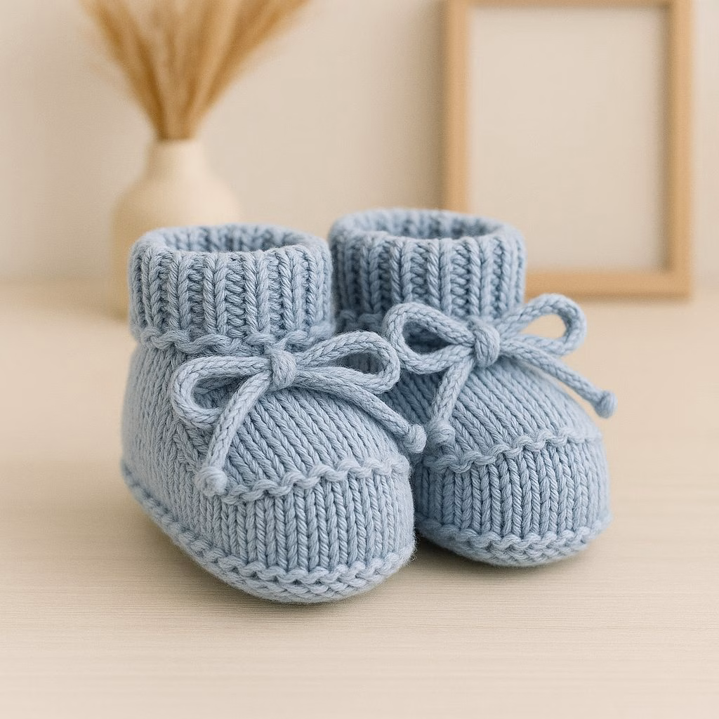 Sapatinho de Tricô Para Recém-Nascido – Azul com Cordão - Image 2